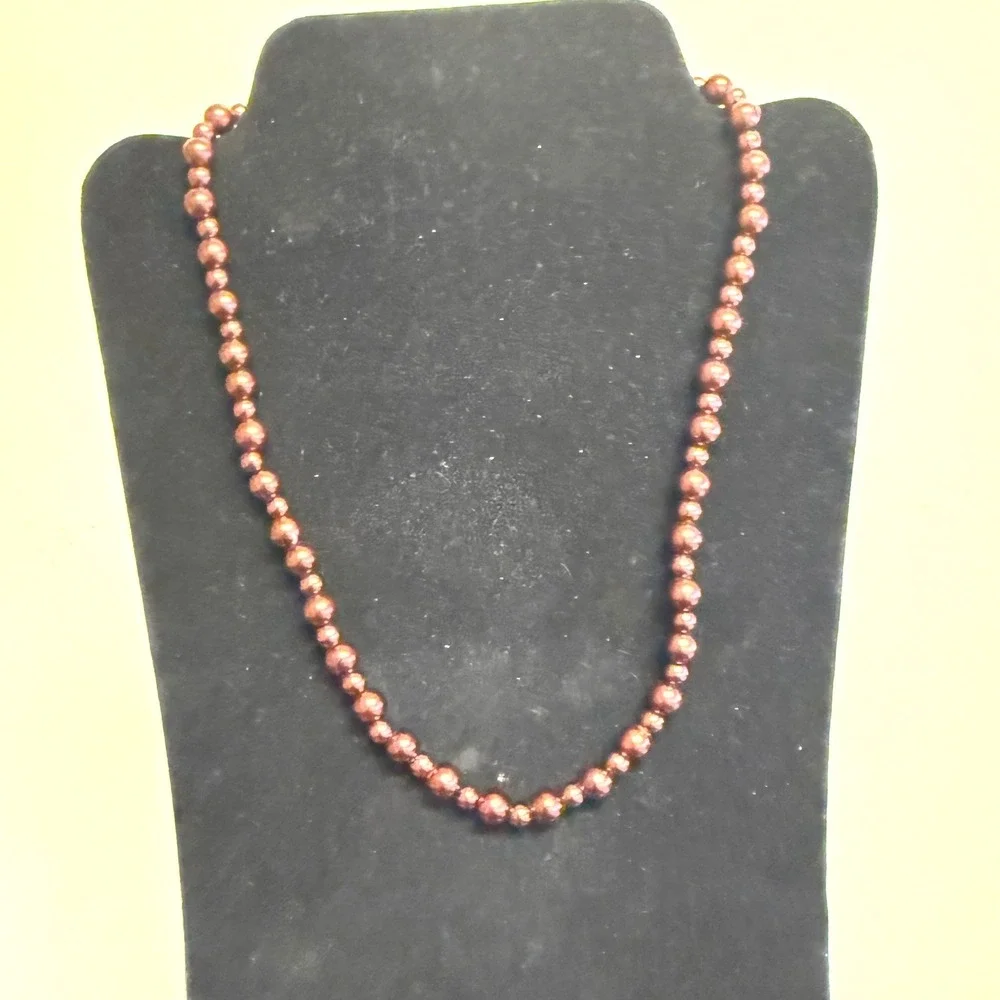 Bronze Faux Pearl Graduated Bead Strand Necklace Silver‎ Tone Hook Clasp 20 Inch
